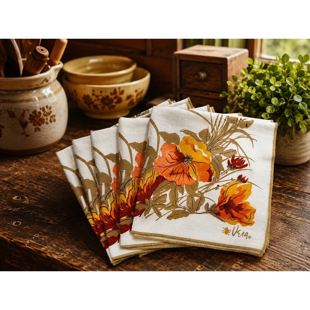 Vera Neumann Vintage Floral Cloth Napkins Set of 5 Orange Yellow Poppy Ladybug